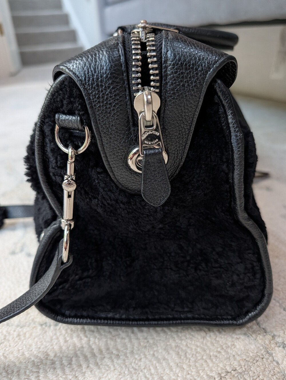 Coach Rhyder 30 Black Leather & Shearling Duffel Satchel - Picture 5 of 14